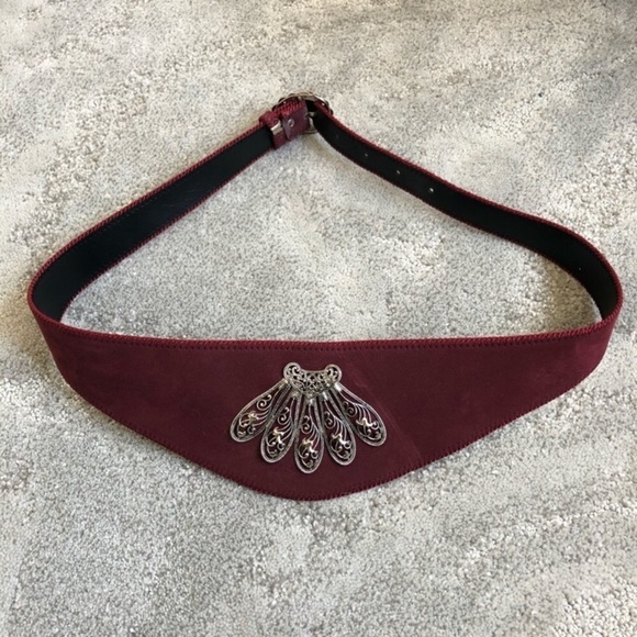 Vintage Faux Suede Wine Red Metal Embellished Adjustable Buckle Waist Belt O/S